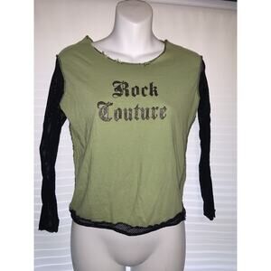 VTG Bongo Y2K Green/Black Baseball Shirt Fishnet Sleeve “Rock Couture” Size L